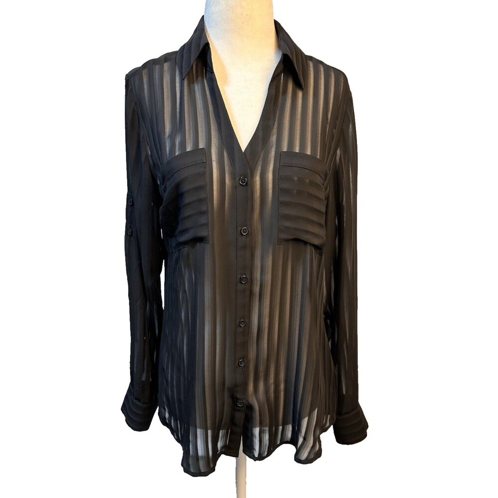 Express Portofino Black Sheer Stripes Long Sleeve Button Shirt Women's Size S